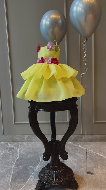 Lemon Organza Applique Flower Dress