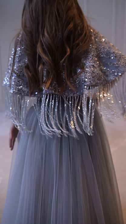 Grey Silver Cape Frill Lehenga Set