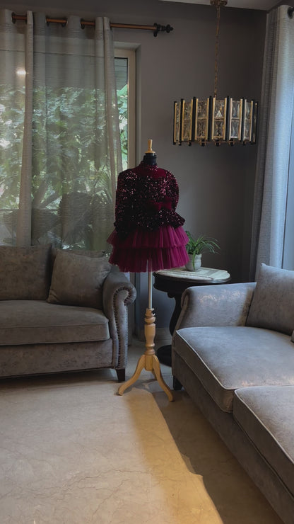 Maroon Sequence Velvet Bow Peplum Dress