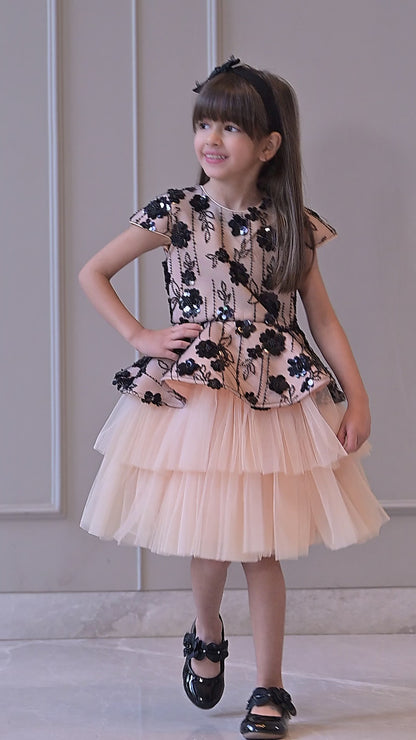 Peach Black Sequence Double Layer Dress