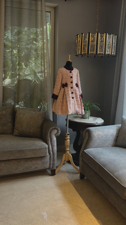 Baby Pink Maroon Dot Tweed Coat Dress